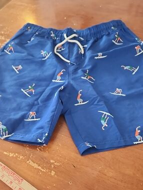 Men's Blue Surf Print Swim Trunks with Drawstring Waist